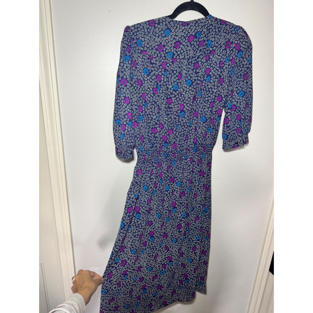 Lady Carol Petites Vintage Floral Midi Dress Blue Purple Daisy Smocked Waist 8 - Picture 6 of 7